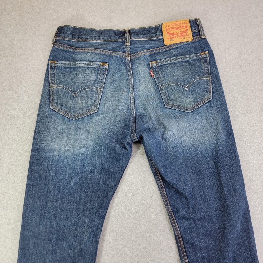 Levis 505 Jeans Mens 34x32 Blue Regular Straight Medium Wash Distressed Denim - Picture 4 of 16